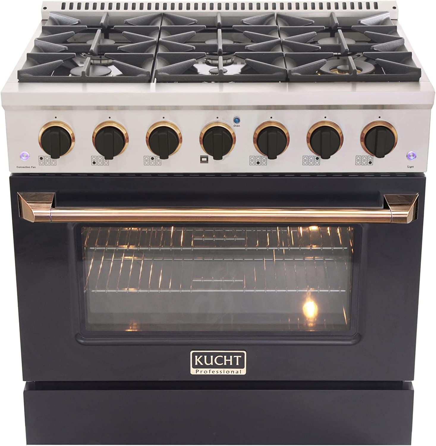 Stainless gas range with six black/gold control knobs and open oven door