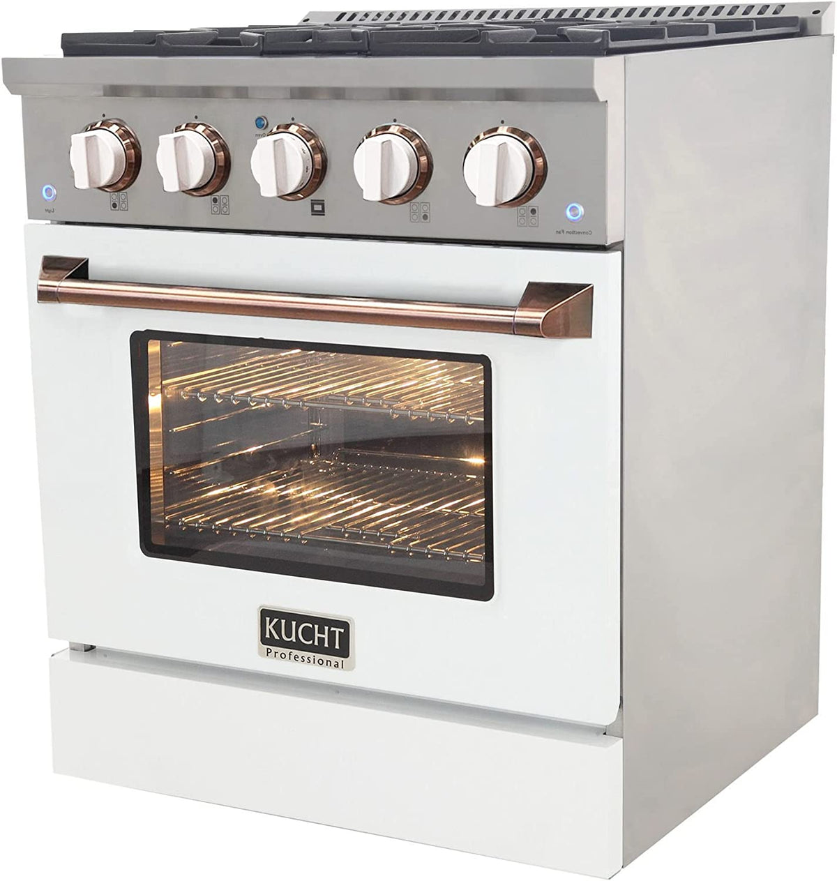White gas range with five knobs, rose-gold bar handle, and oven door window with grill lines