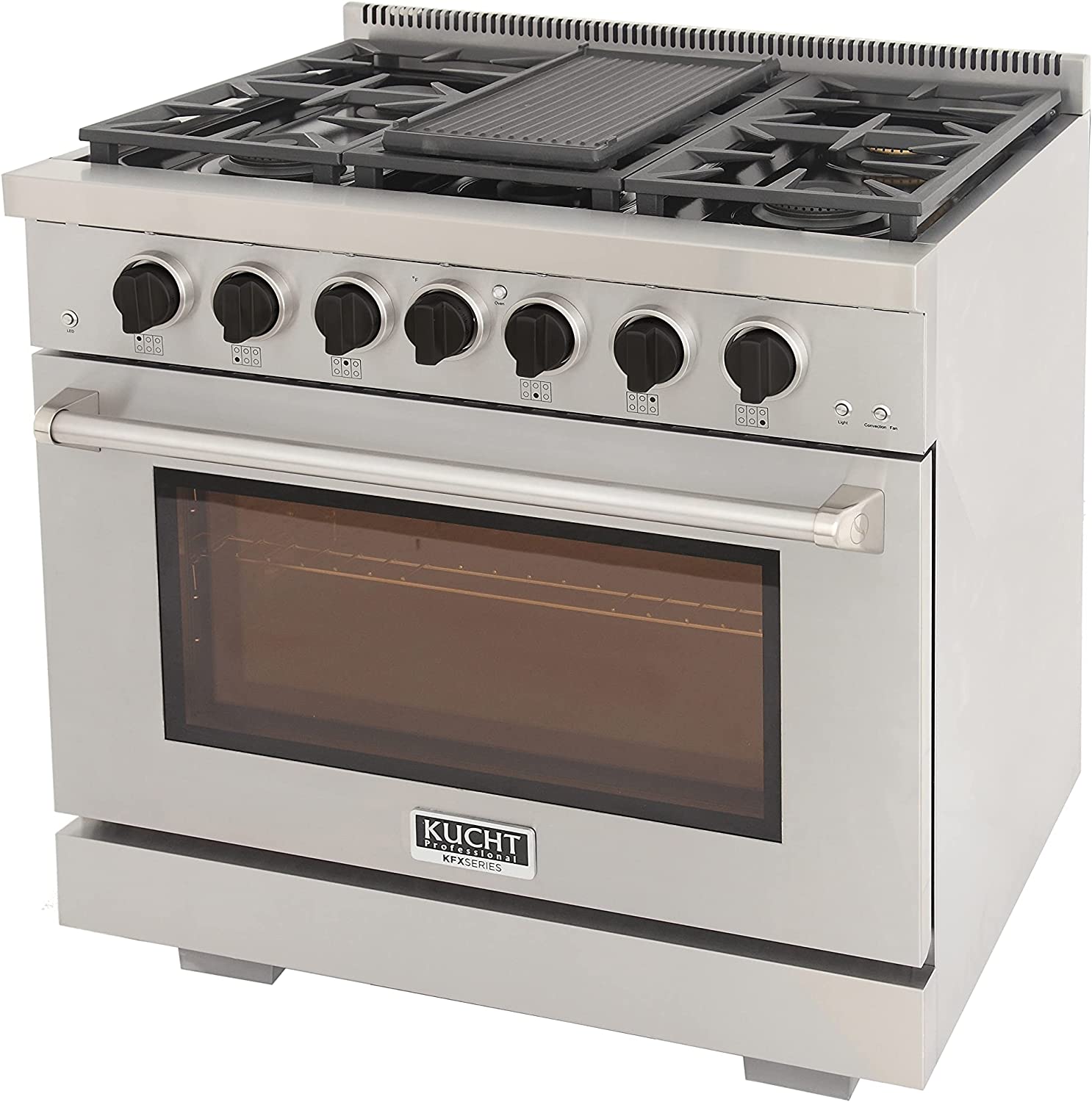Kucht stainless steel gas range with black cooktop grates and oven window