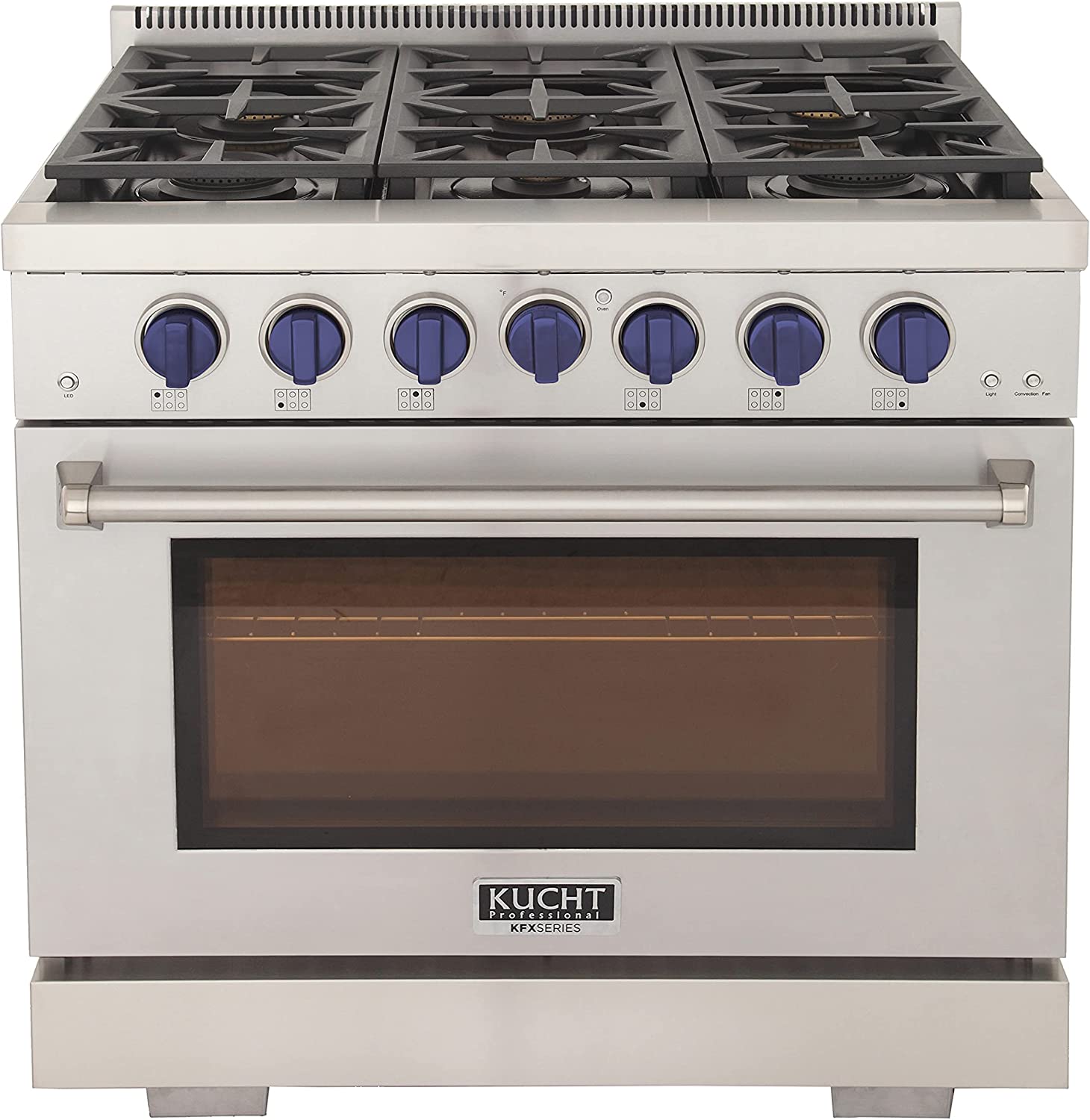36-inch gas range with blue knobs, stainless steel front, visible oven window and handle