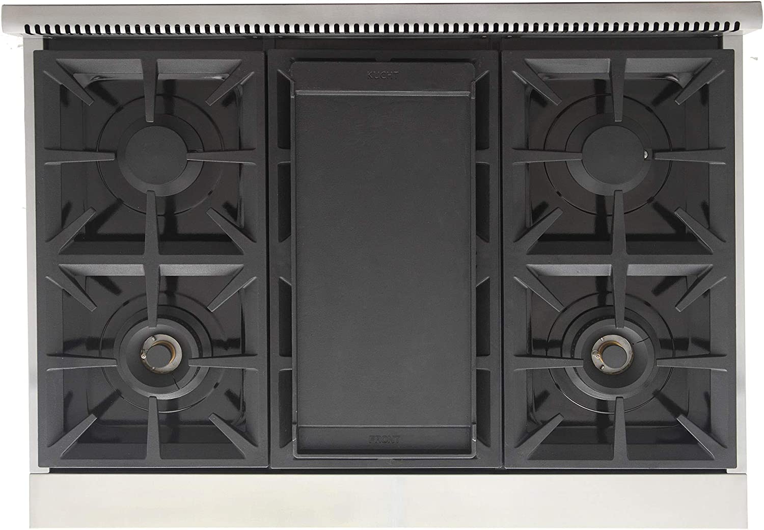 36-inch gas range cooktop with four burners and central griddle insert, stainless steel