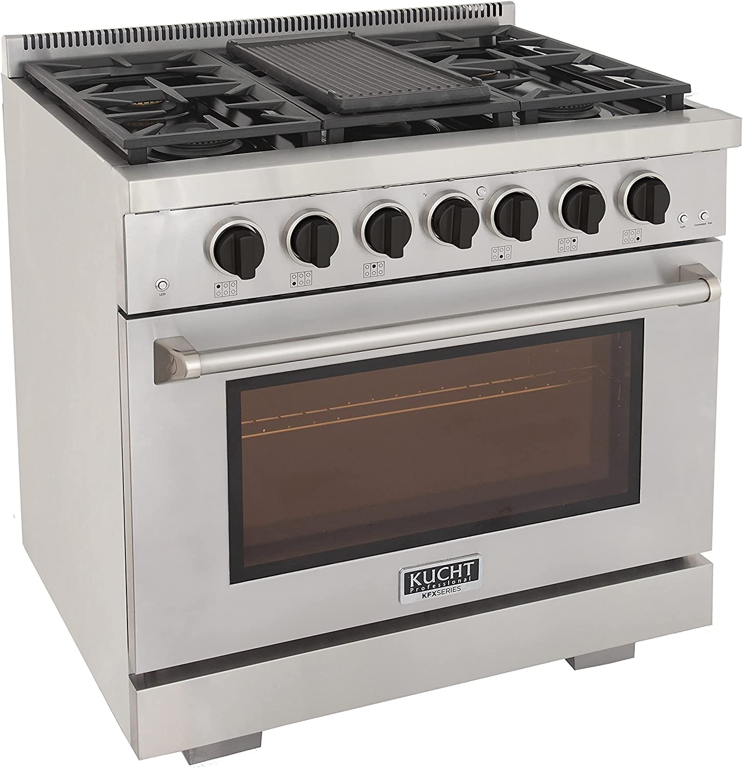 Kucht stainless steel 36-inch gas range front view with burners and oven door