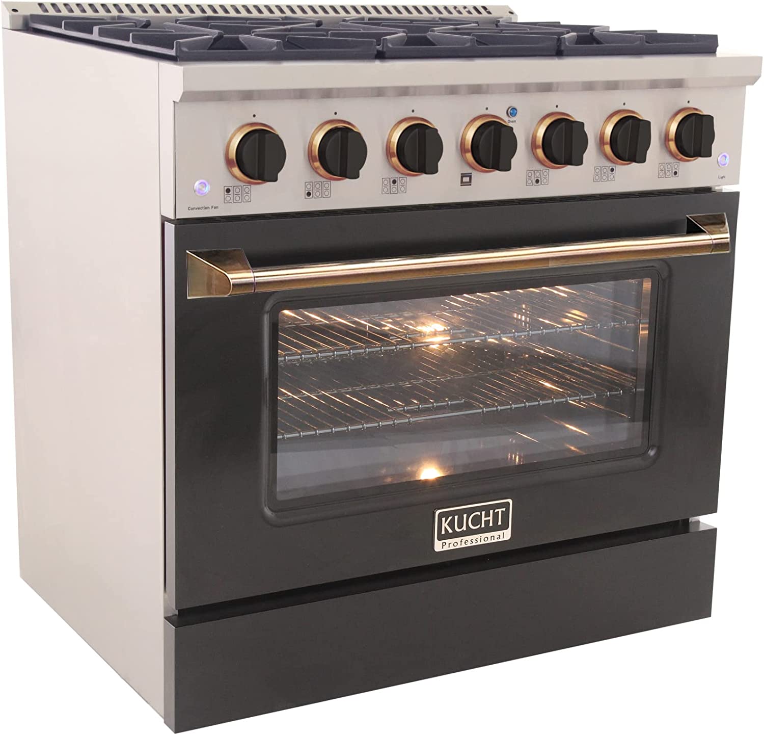 Stainless gas range with black oven door and gold handle trim, oven lit