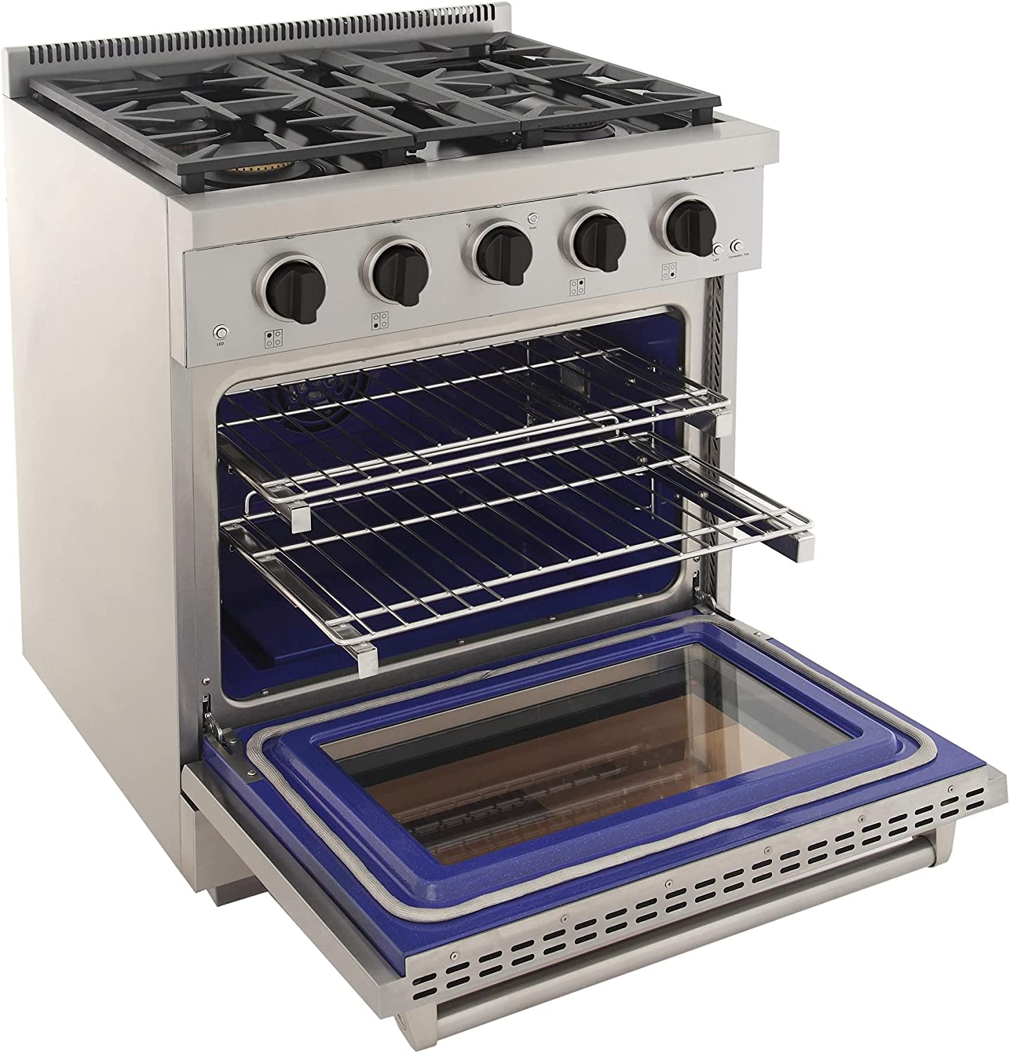 Stainless steel gas range with open oven door and wire racks