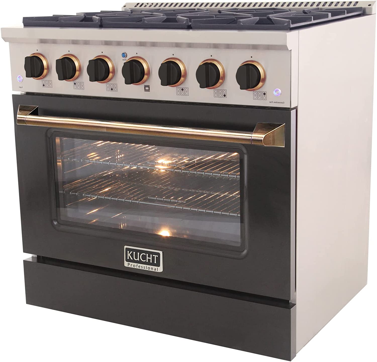 Stainless gas range front view with black control knobs and oven window