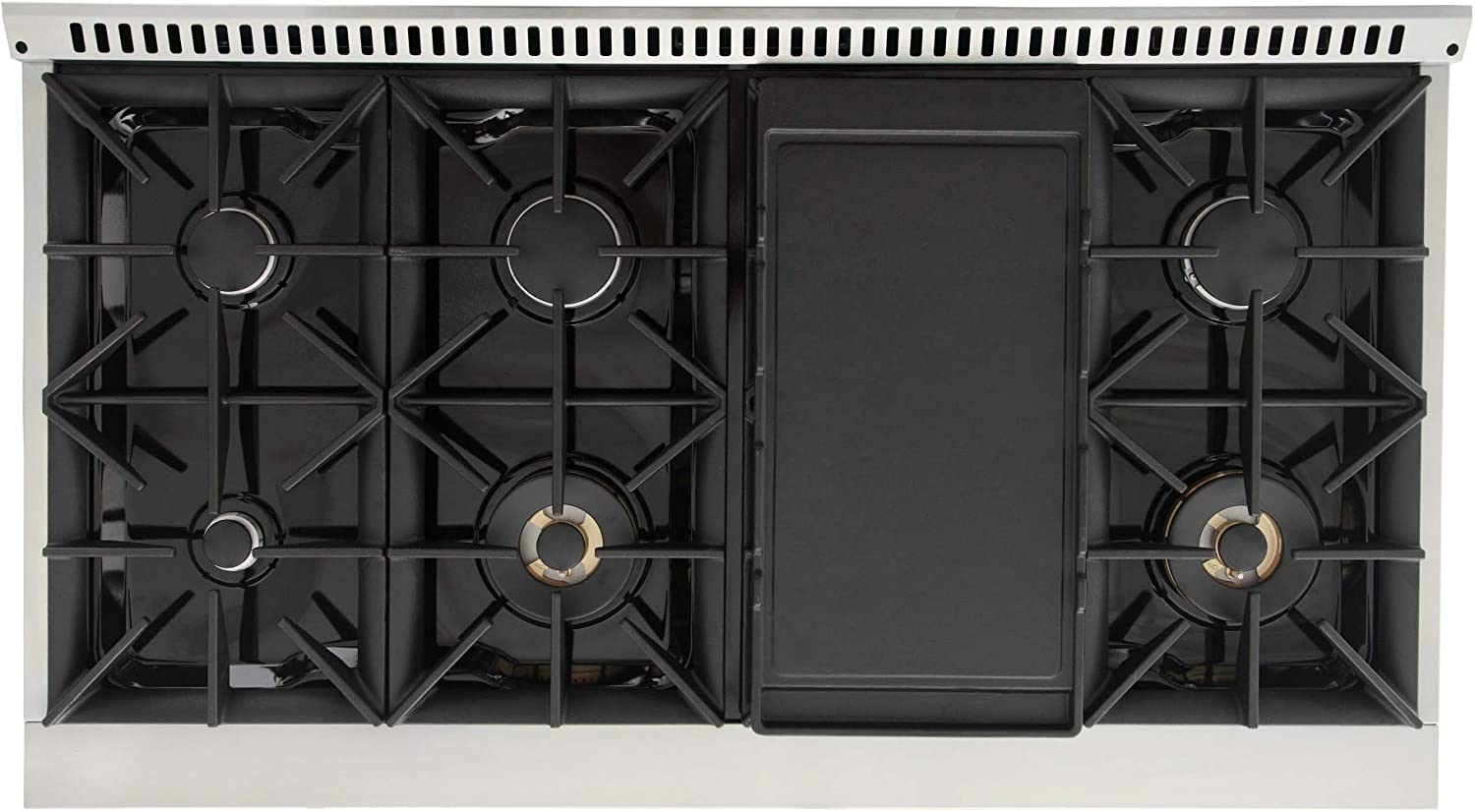 Open gas cooktop showing black grates and center heat shield panel