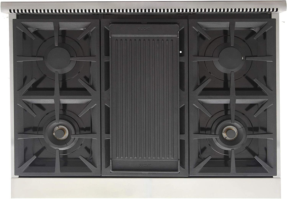 36-inch gas range cooktop with four burners and ribbed center grill, stainless steel