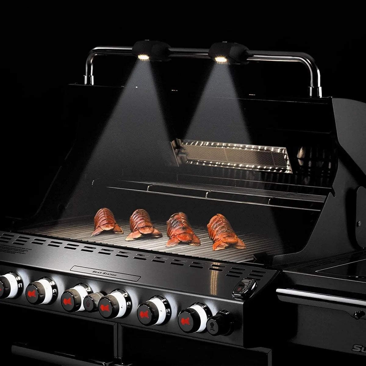 Gas grill firebox with grates and food roasting under lit burners