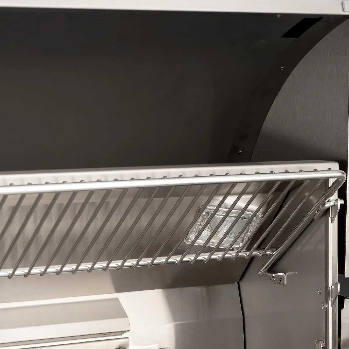 Open grilling hood with stainless cooking grates and internal side frame
