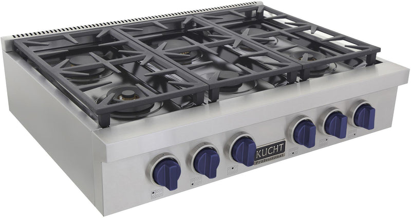 Kucht 36-Inch 6 Burner Gas Rangetop in Stainless Steel with Royal Blue Knob (KFX369T-B)