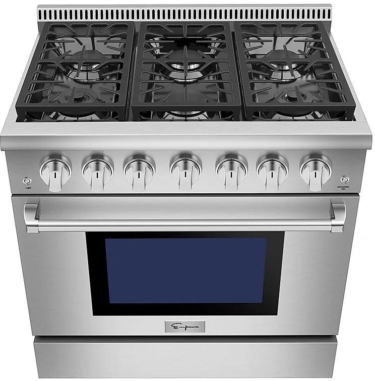 Stainless steel gas cooktop with black burner grates and front oven window