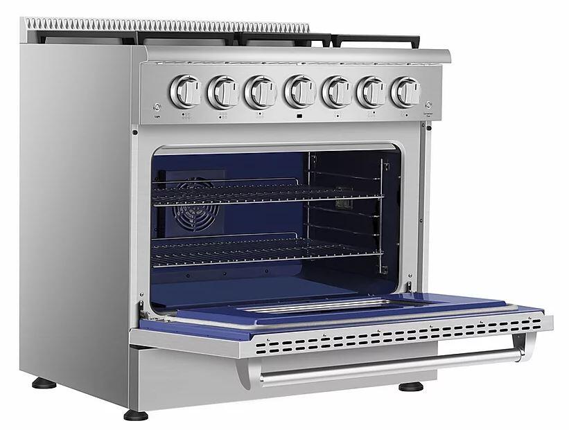 Stainless steel gas oven with open door, interior racks, and blue back panel