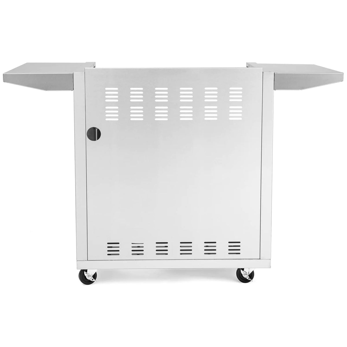 Stainless steel griddle cart with side shelves, perforated door panels, and casters