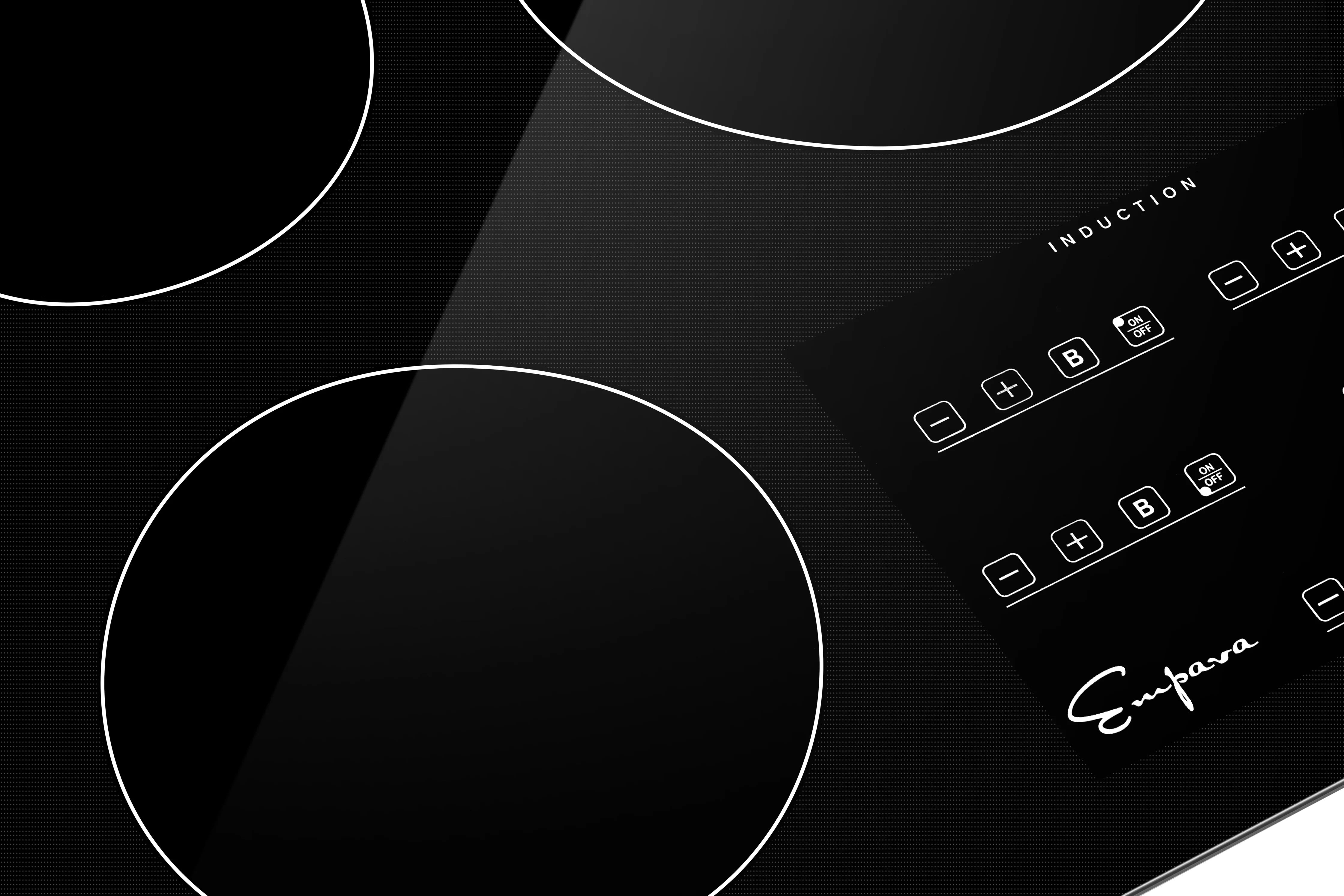 Induction cooktop control area with touch button icons and brand logo mark