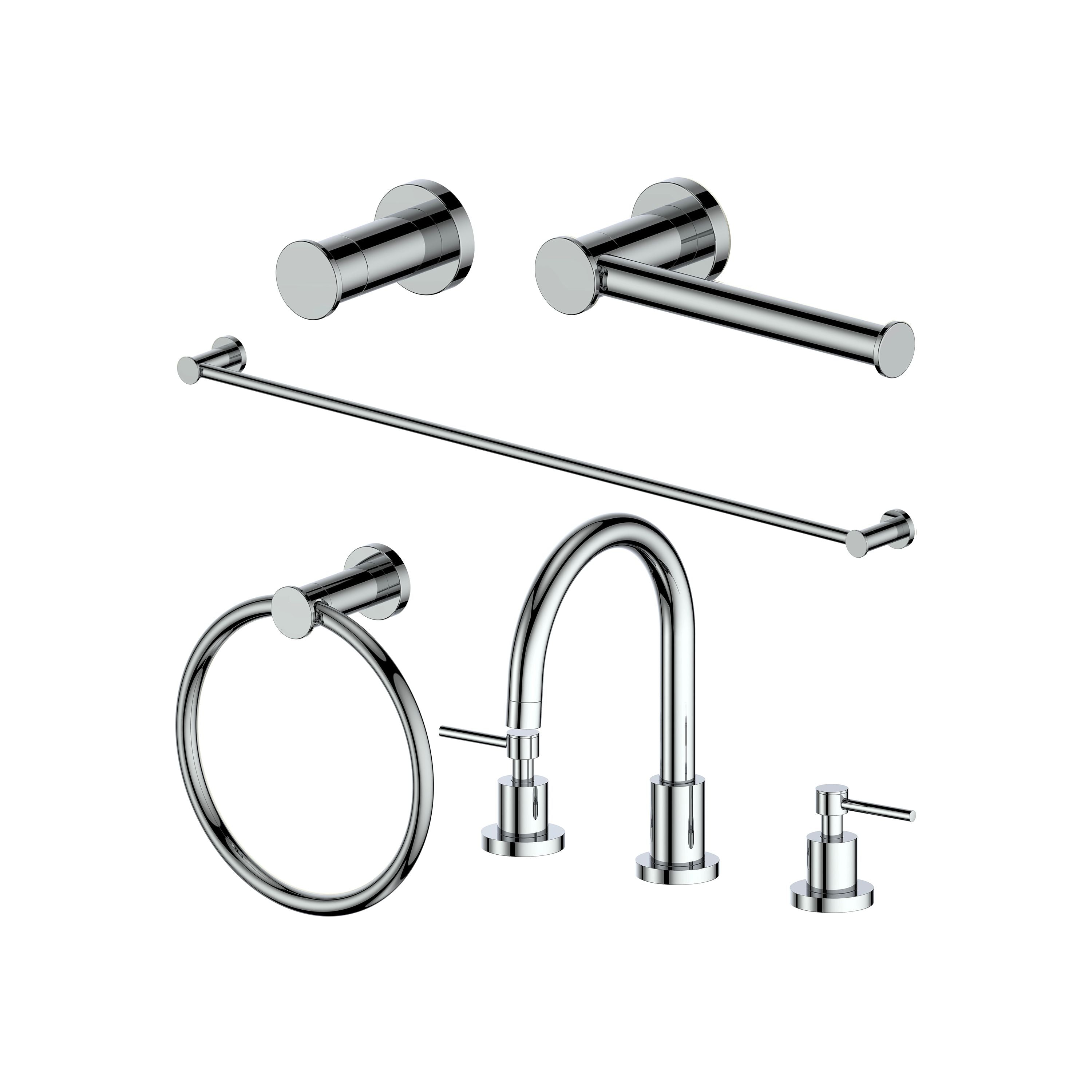 Chrome bathroom accessory set: towel rack, toilet paper holder, faucet pieces, hooks.