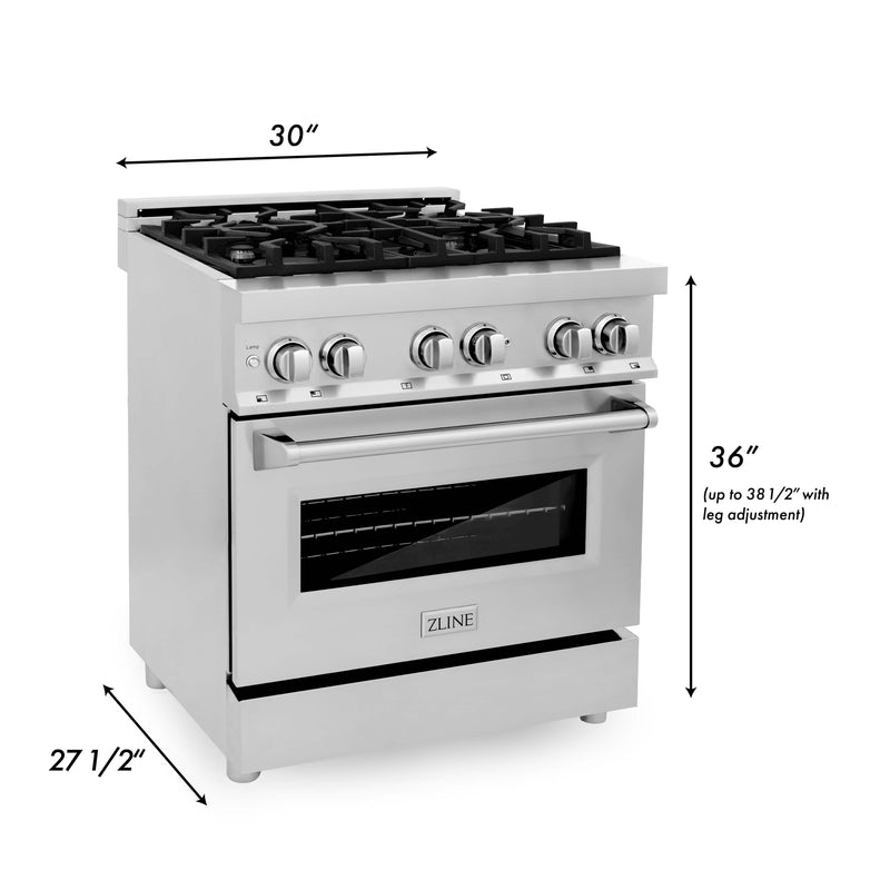 ZLINE 4-Piece Appliance Package - 30-Inch Dual Fuel Range, Refrigerator, Convertible Wall Mount Hood, and Microwave Oven in Stainless Steel (4KPR-RARH30-MO)