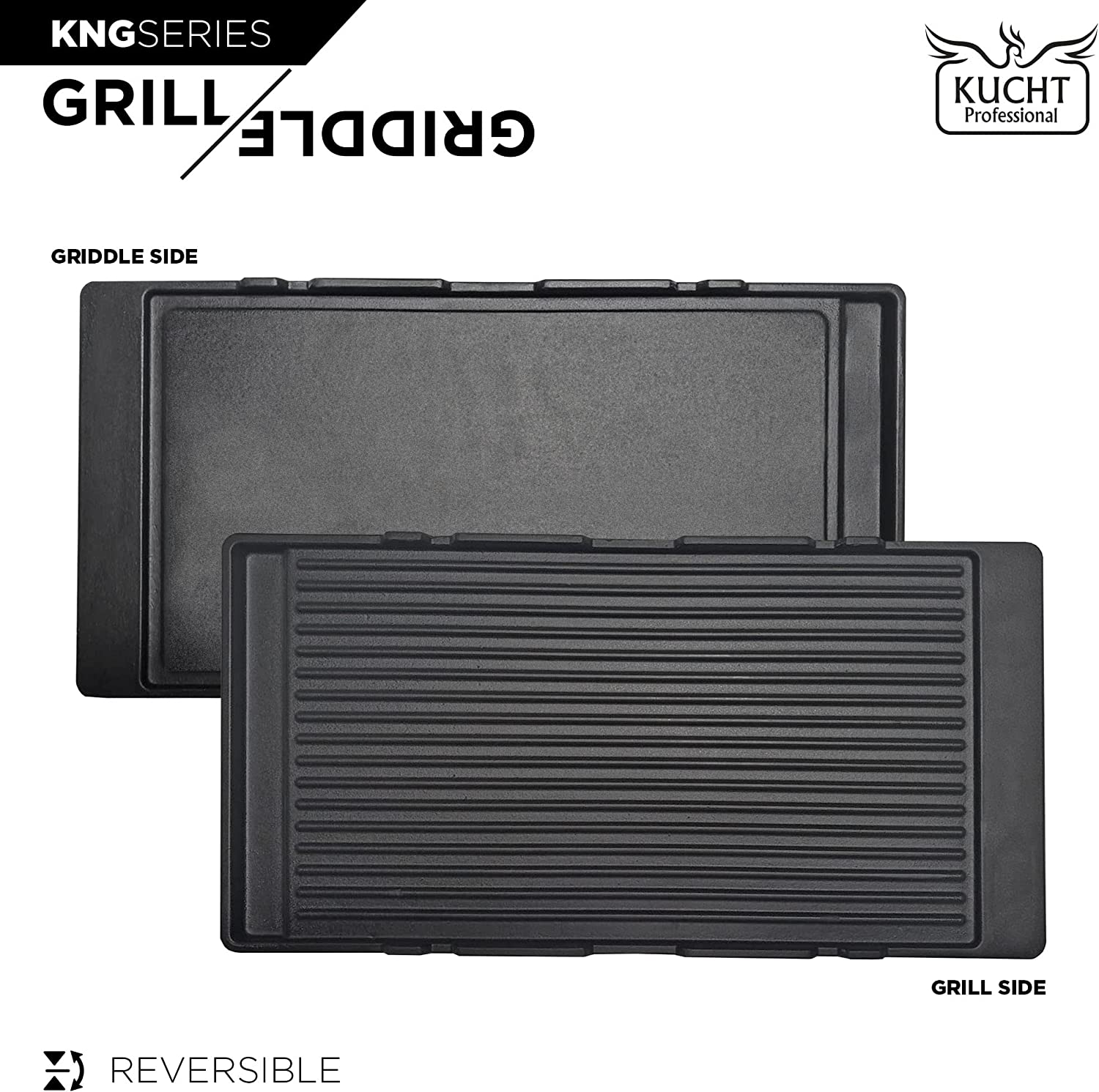Reversible grill and griddle plates in black finish, with KNG series branding