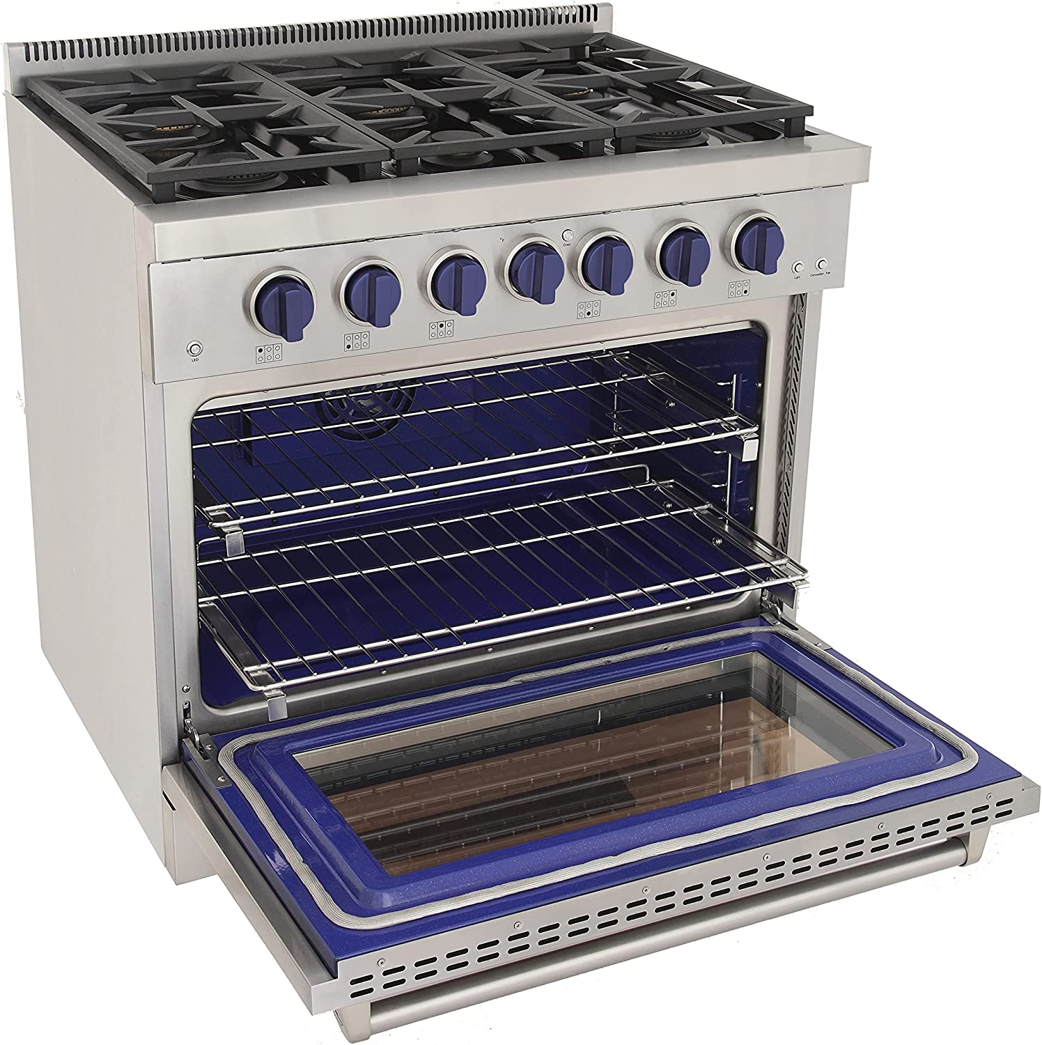 36-inch stainless steel gas range, open oven door with blue interior