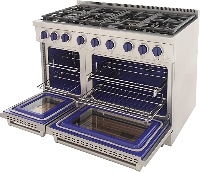Stainless steel gas range with blue knobs, open oven doors and burners