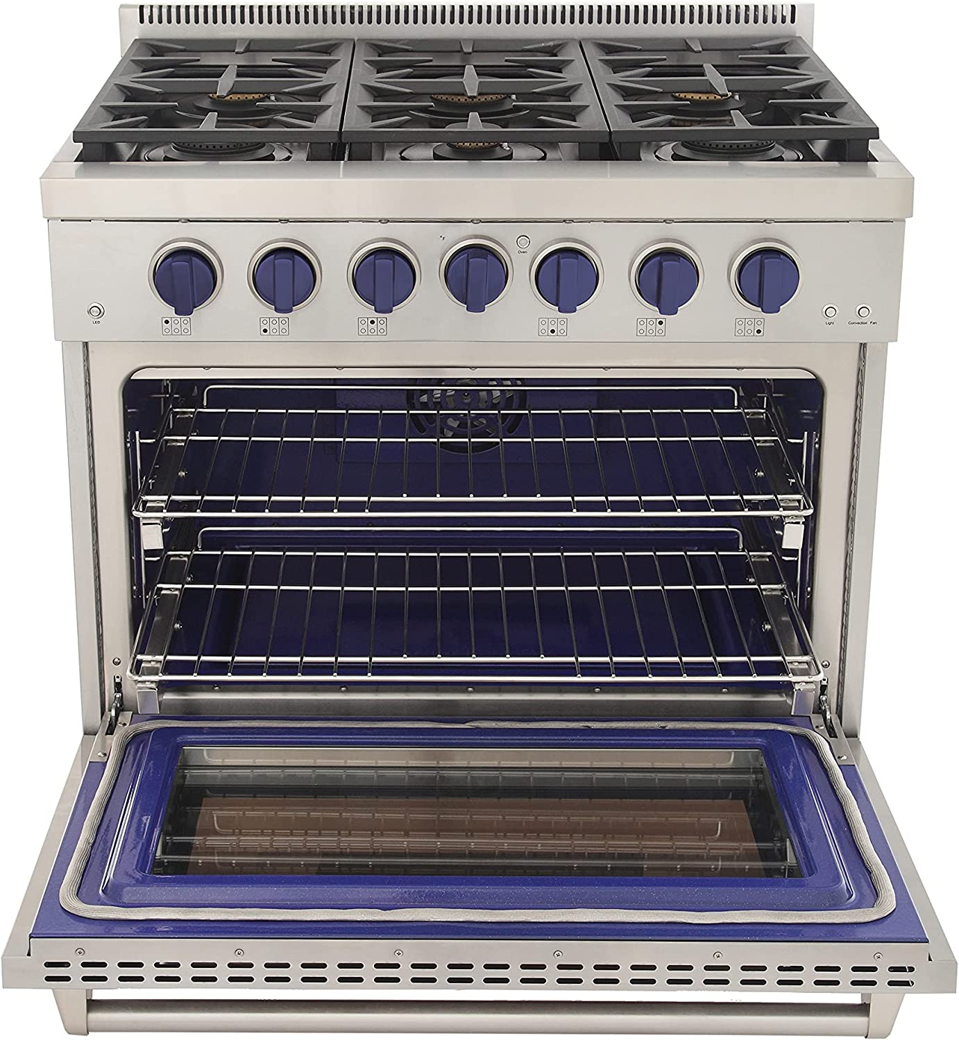 36-inch stainless steel gas range, front view with open oven and blue floor