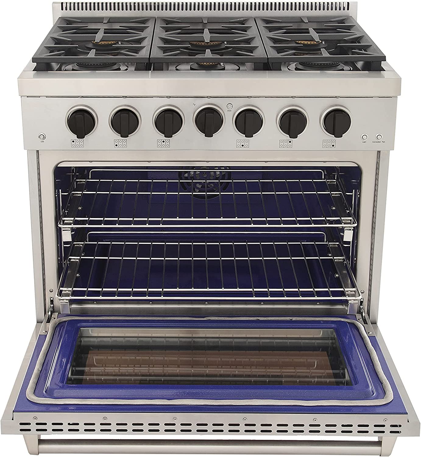 Open Kucht 36-inch gas range oven with racks and stainless steel interior