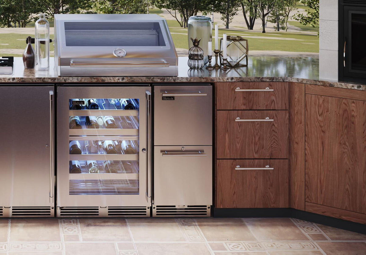 Stainless steel outdoor refrigerator with open glass door showing bottle racks and shelves