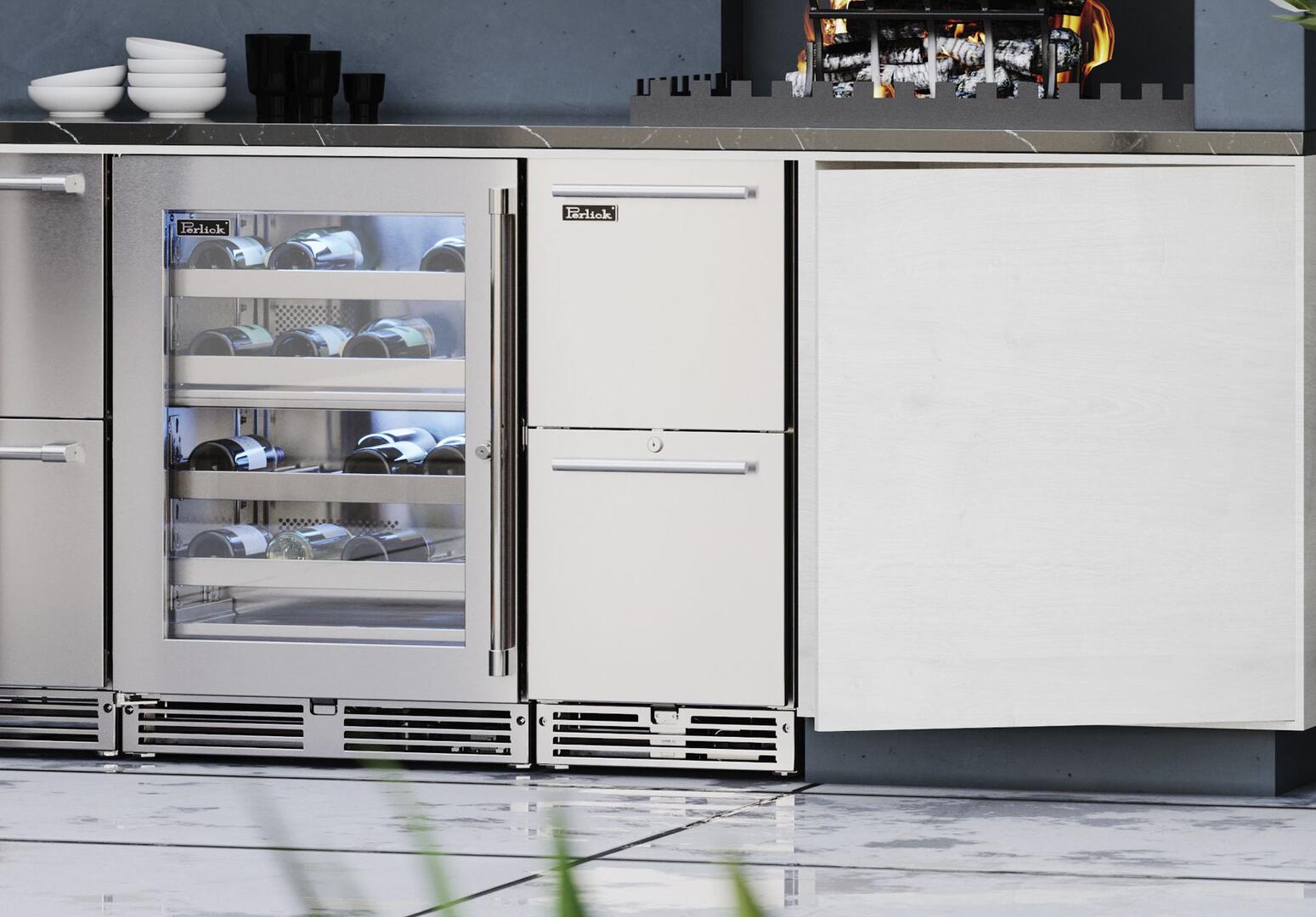 Stainless steel outdoor refrigerator with open left door and illuminated glass shelves