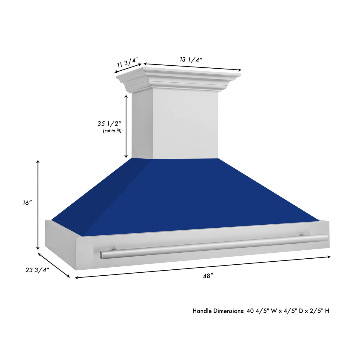 Wall-mount range hood dimensions: satin stainless flue with blue gloss canopy, 48 in width.