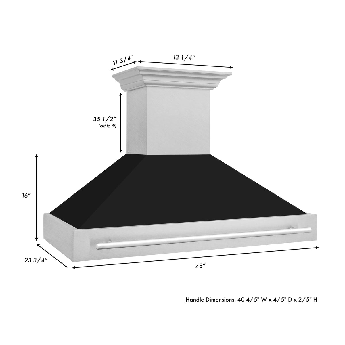 Wall-mount range hood with satin stainless chimney and black baffle, front bar handle.