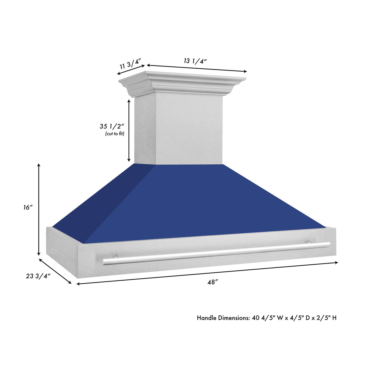 Wall-mount range hood with blue matte shell and stainless steel chimney, front handle bar