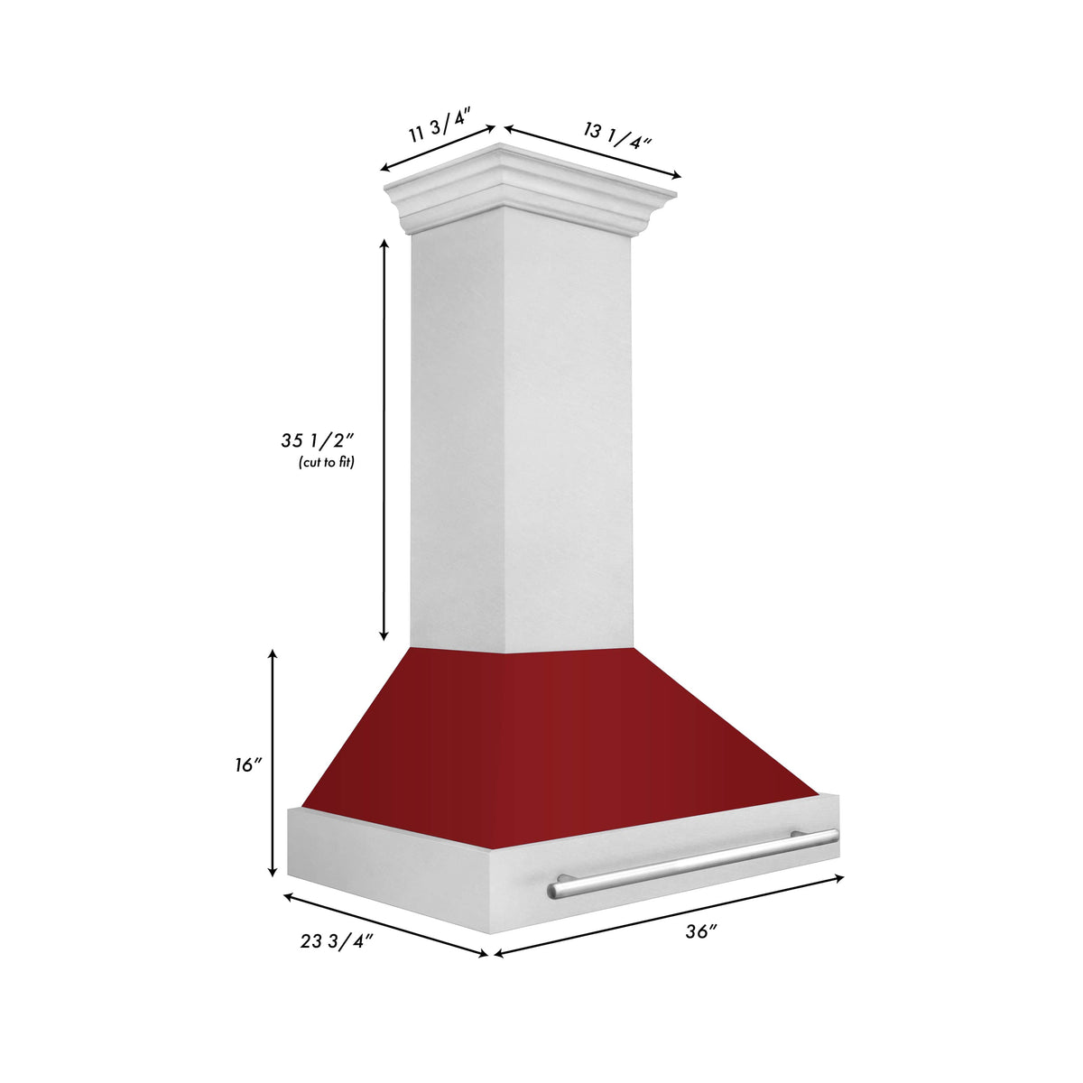 36-inch wall mount range hood with satin stainless chimney and red glossy shell, silver vent bar