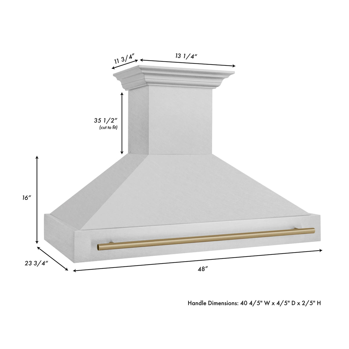 Satin stainless wall mount range hood with champagne bronze bar handle