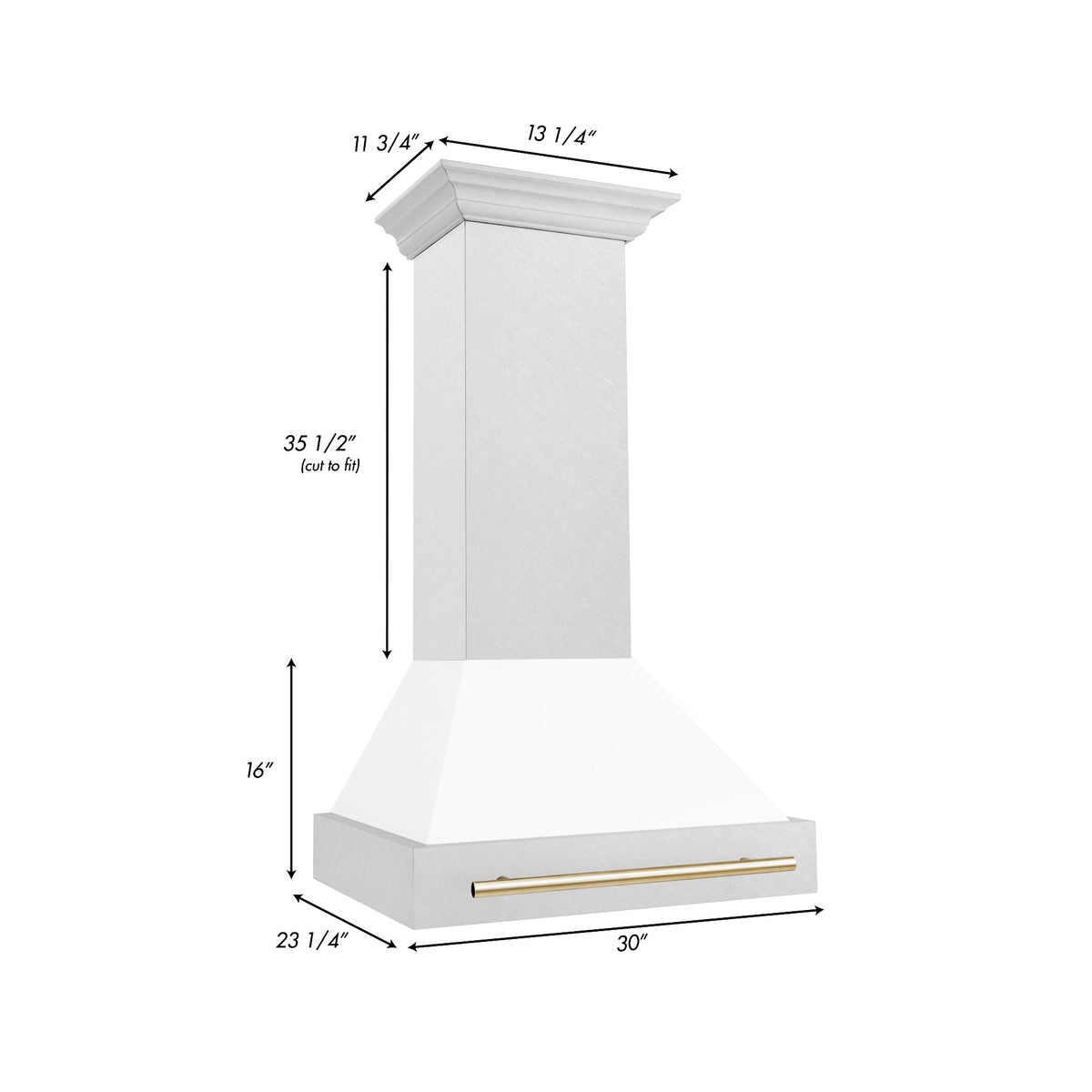 Wall mount range hood with white matte shell, satin stainless chimney, gold trim