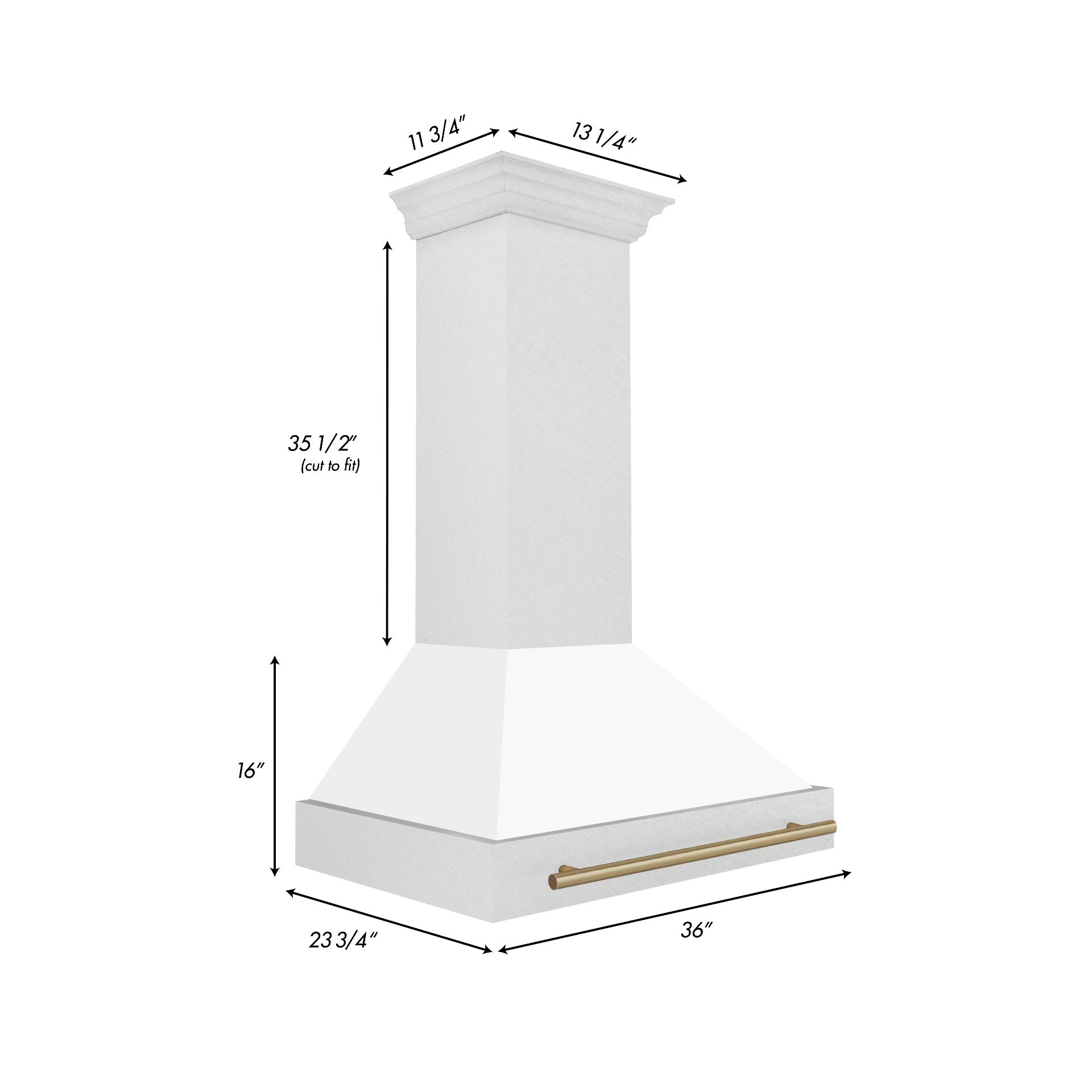 White matte wall-mount range hood with champagne bronze handle bar and chimney body, 36-inch.