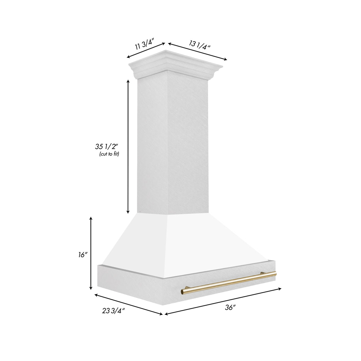 White matte wall-mount range hood with gold handle bar and stainless chimney