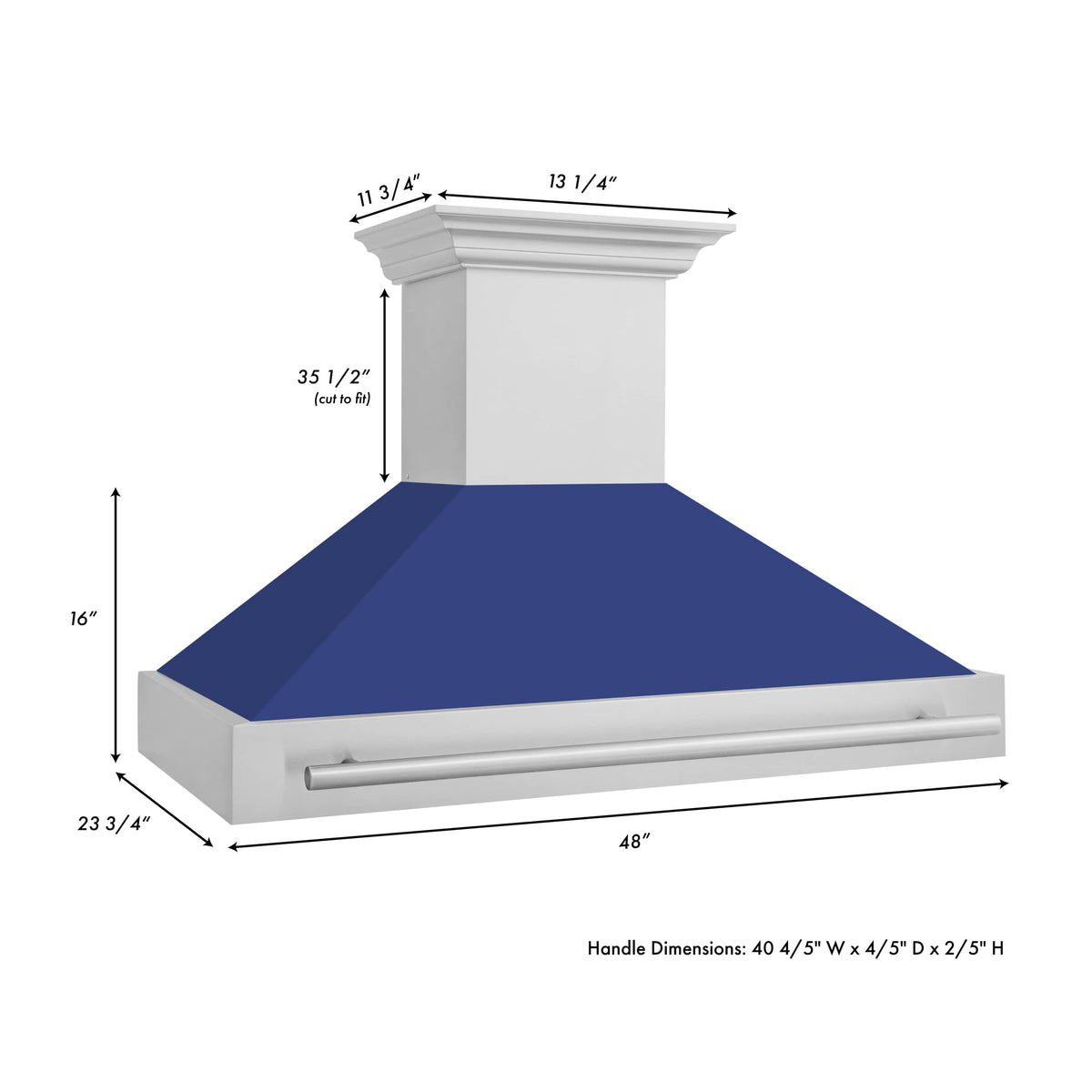 Stainless steel wall mount range hood with blue matte canopy and horizontal bar handle