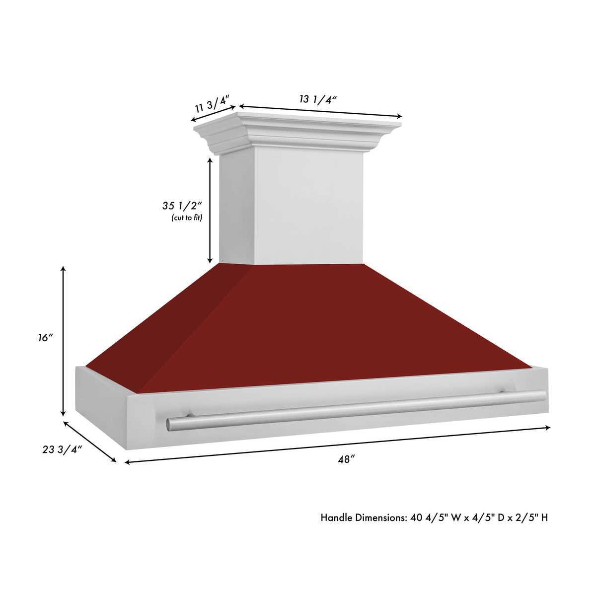 Wall-mount range hood with red glossy shell and stainless handle; measurements shown