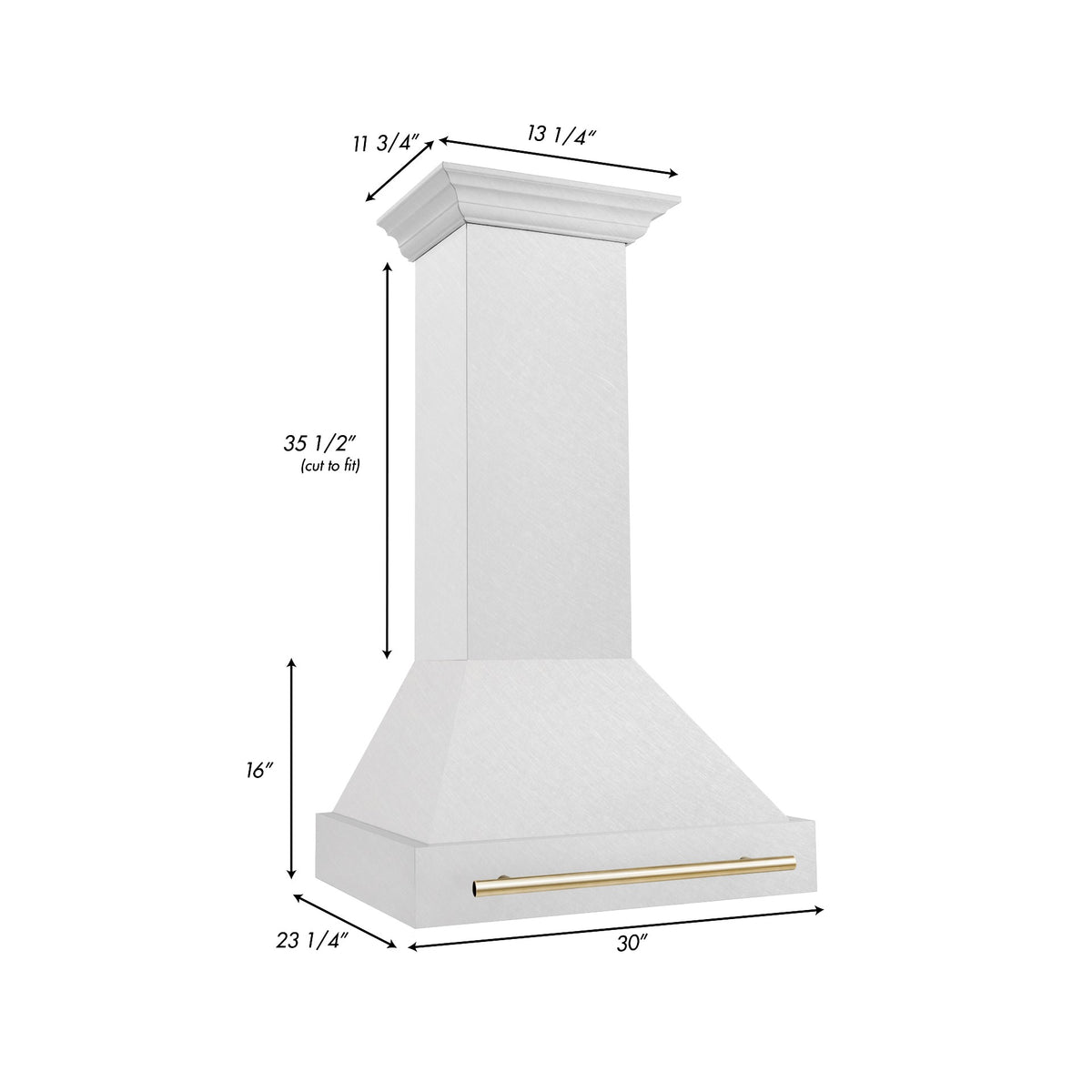 Wall-mounted range hood with satin stainless body and gold handle, side view