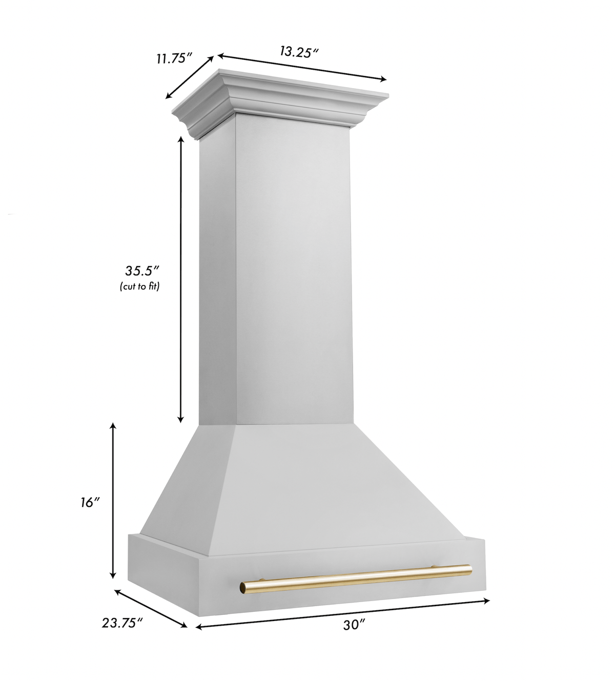 Stainless steel wall range hood with gold trim bar and fluted chimney cover.