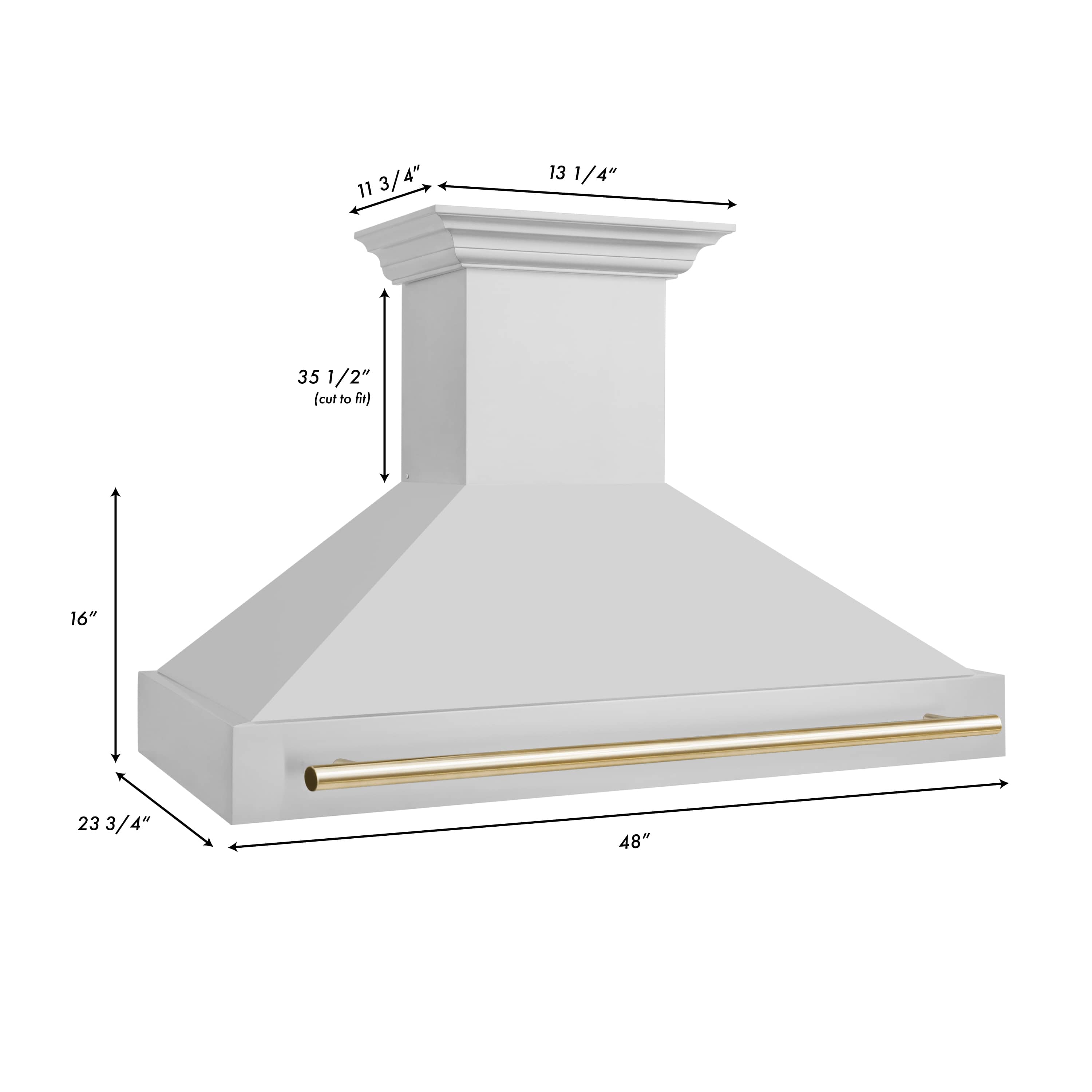 White wall-mount range hood with gold handle bar and wide chimney canopy