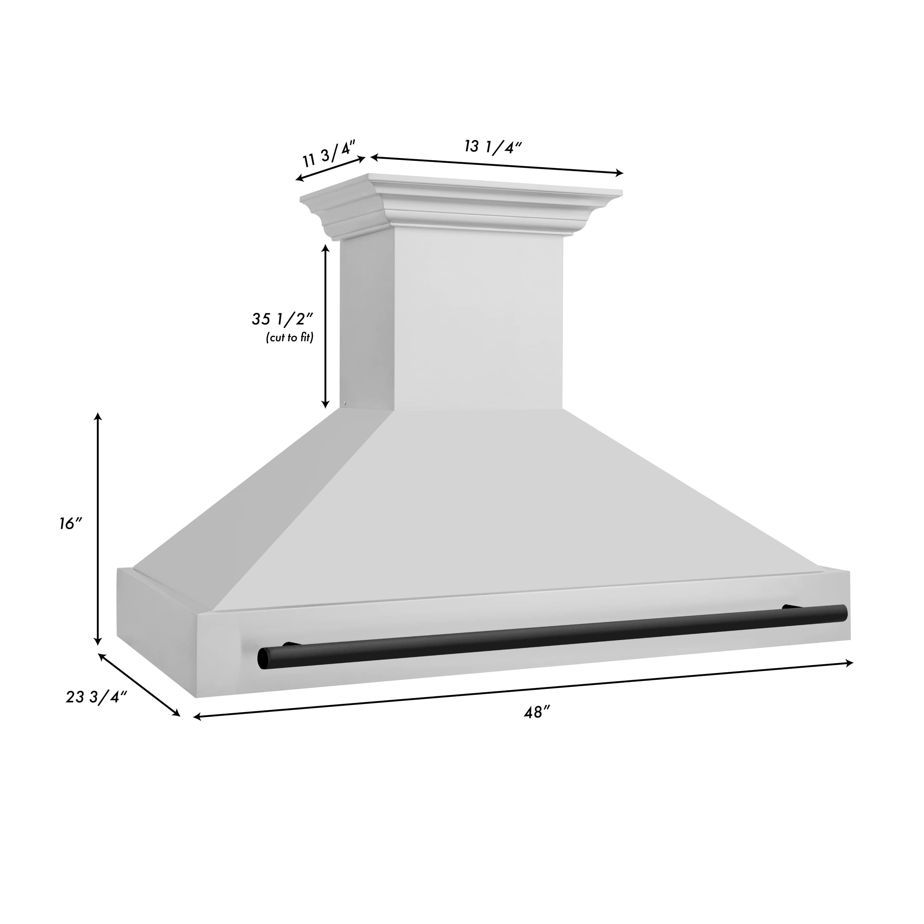 48-inch wall-mount range hood with stainless body and matte black bar handle