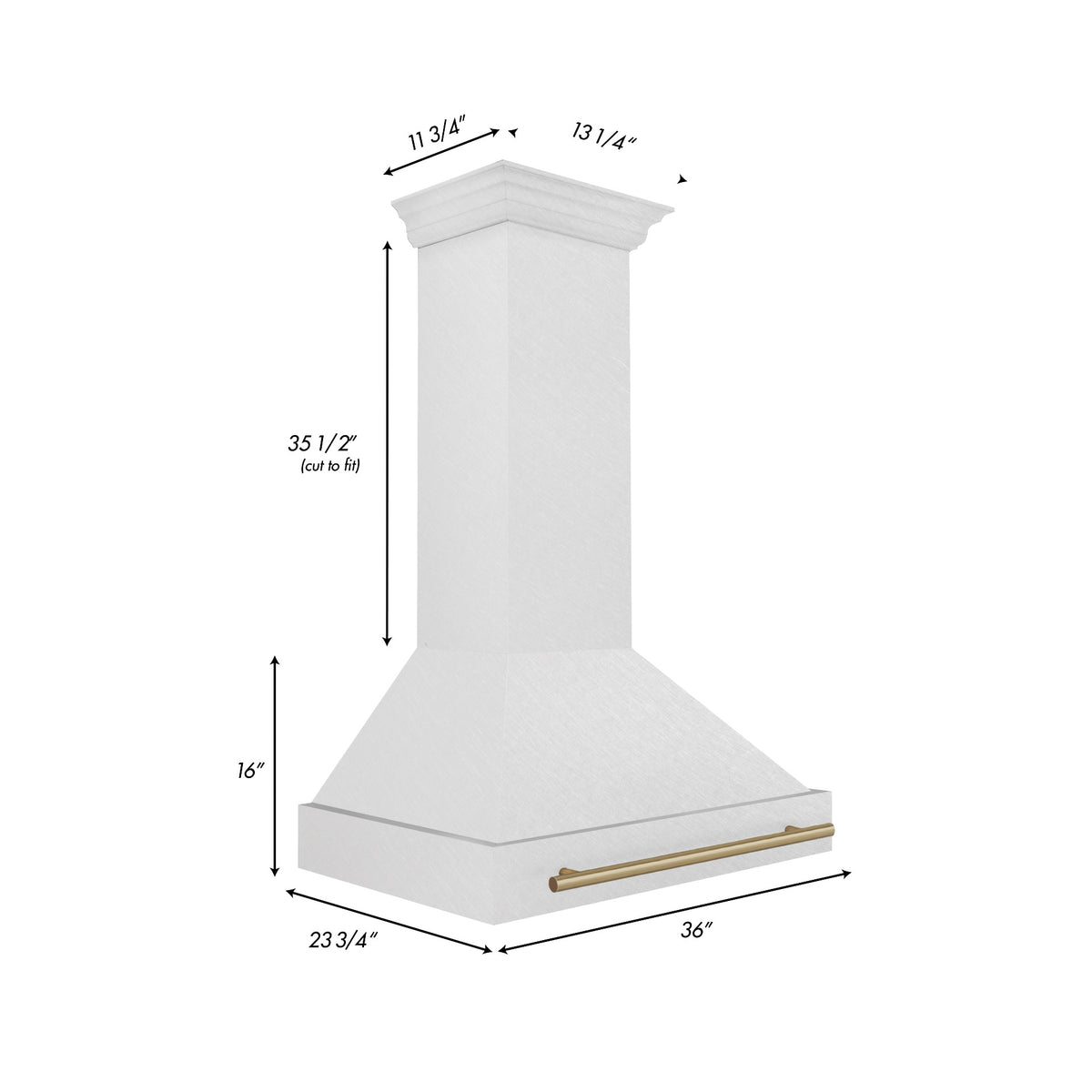 Wall mount range hood with champagne bronze handle, satin stainless chimney design
