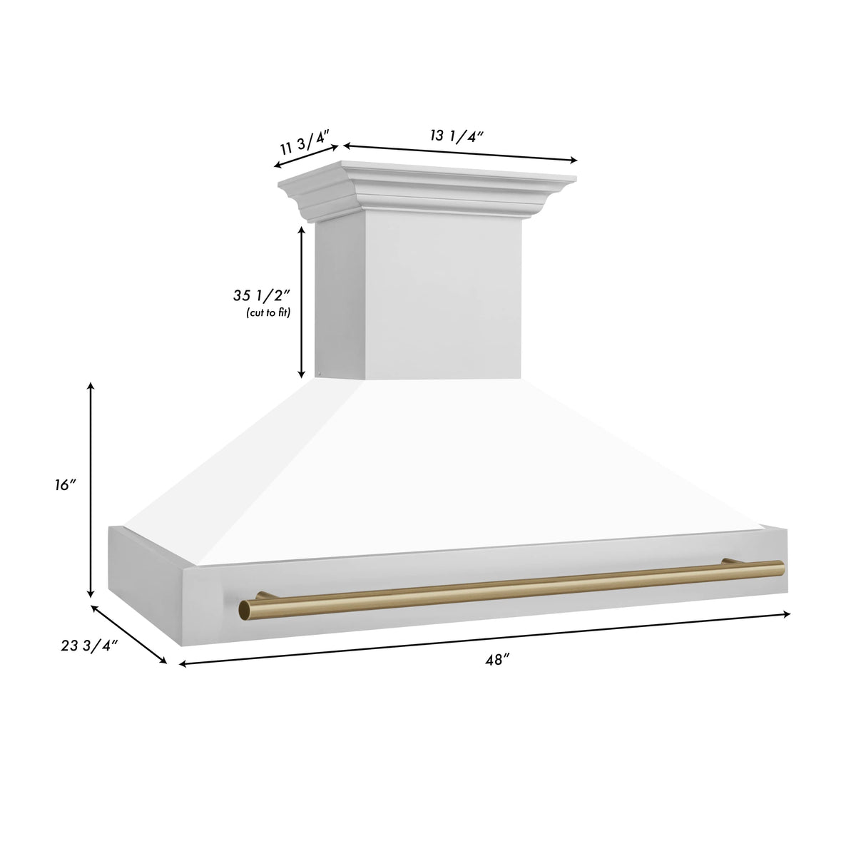 White wall-mount range hood with champagne bronze horizontal handle and flared chimney