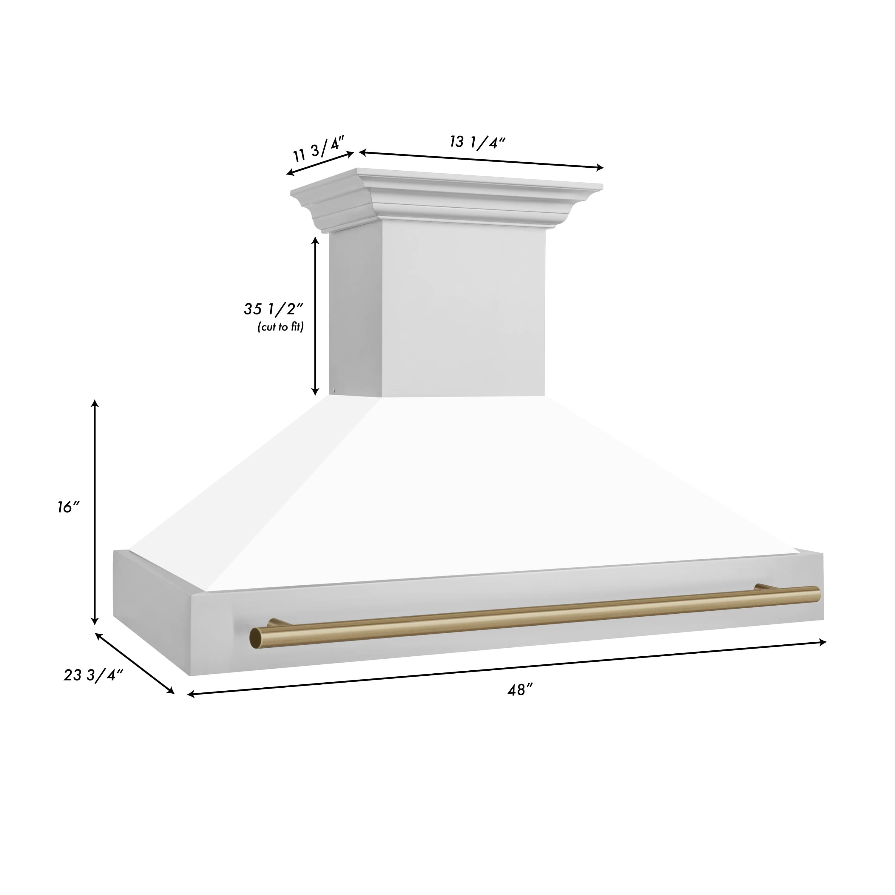 Range hood size diagram showing measurements and champagne bronze bar handle