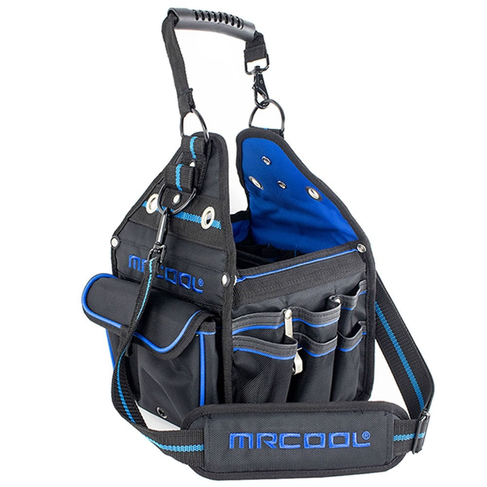 Two-tone blue and black tool bag with multiple interior pockets and shoulder strap, MRCOOL