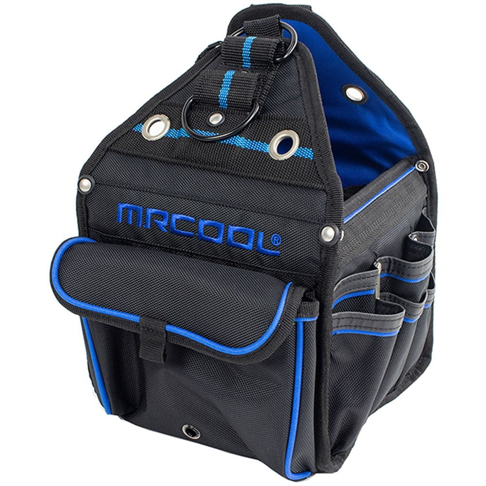 Two-tone blue and black tool bag with front organizer pouch and multiple side pockets, MRCOOL