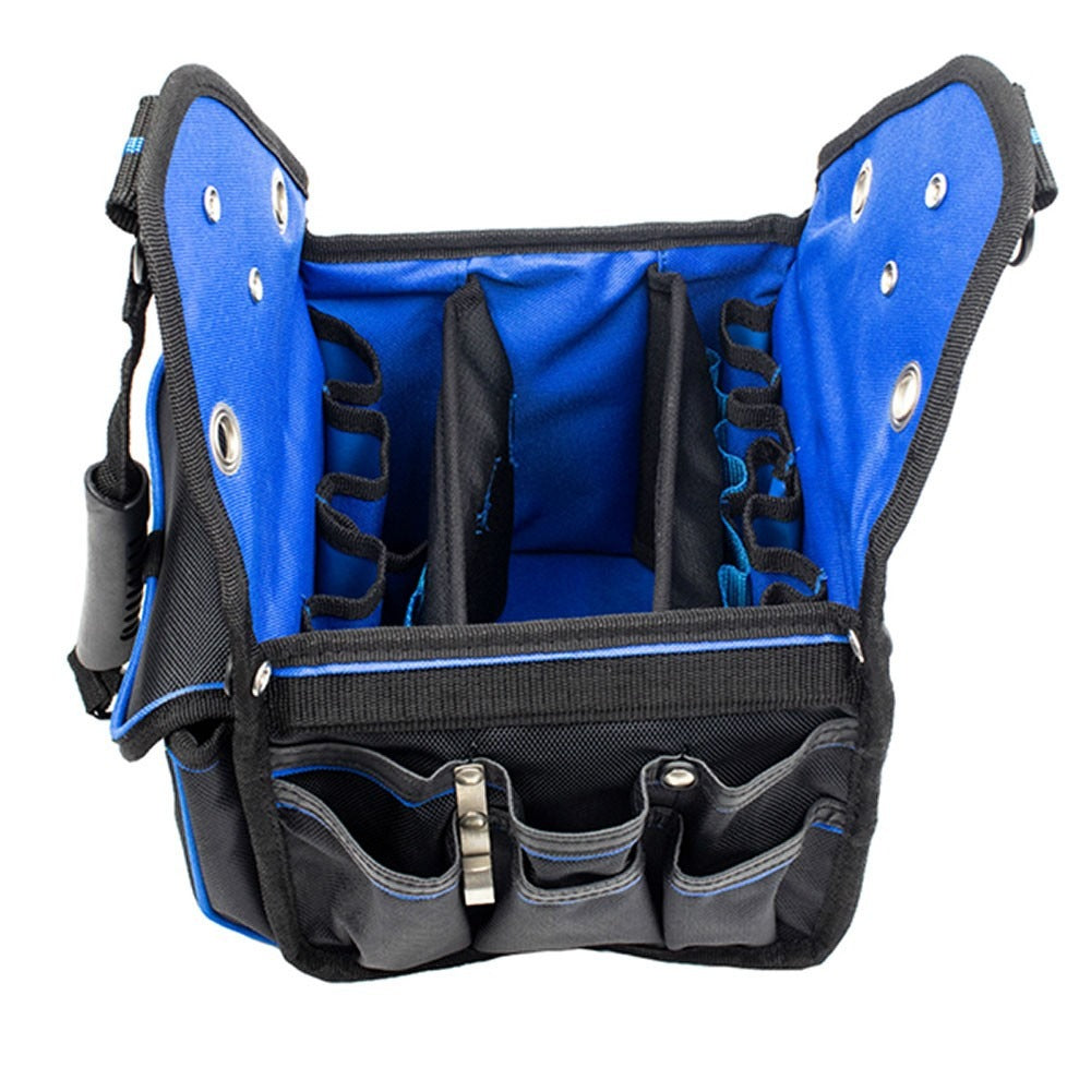 Two-tone blue and black open tool bag organizer with interior compartments and pocket rows