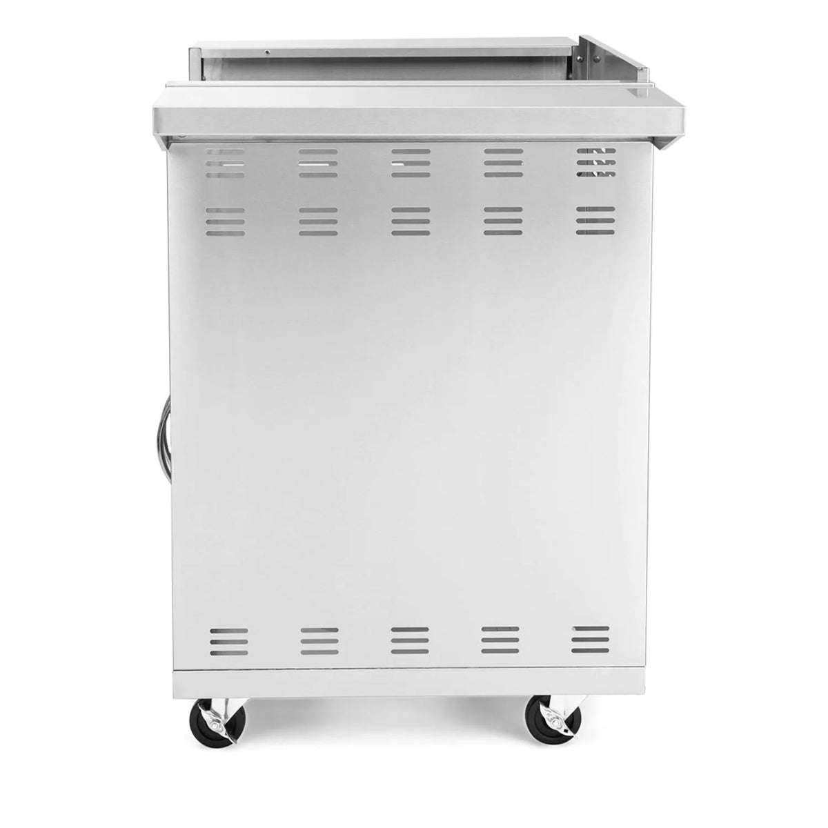 Stainless steel griddle cart with top open and perforated front panel, on casters
