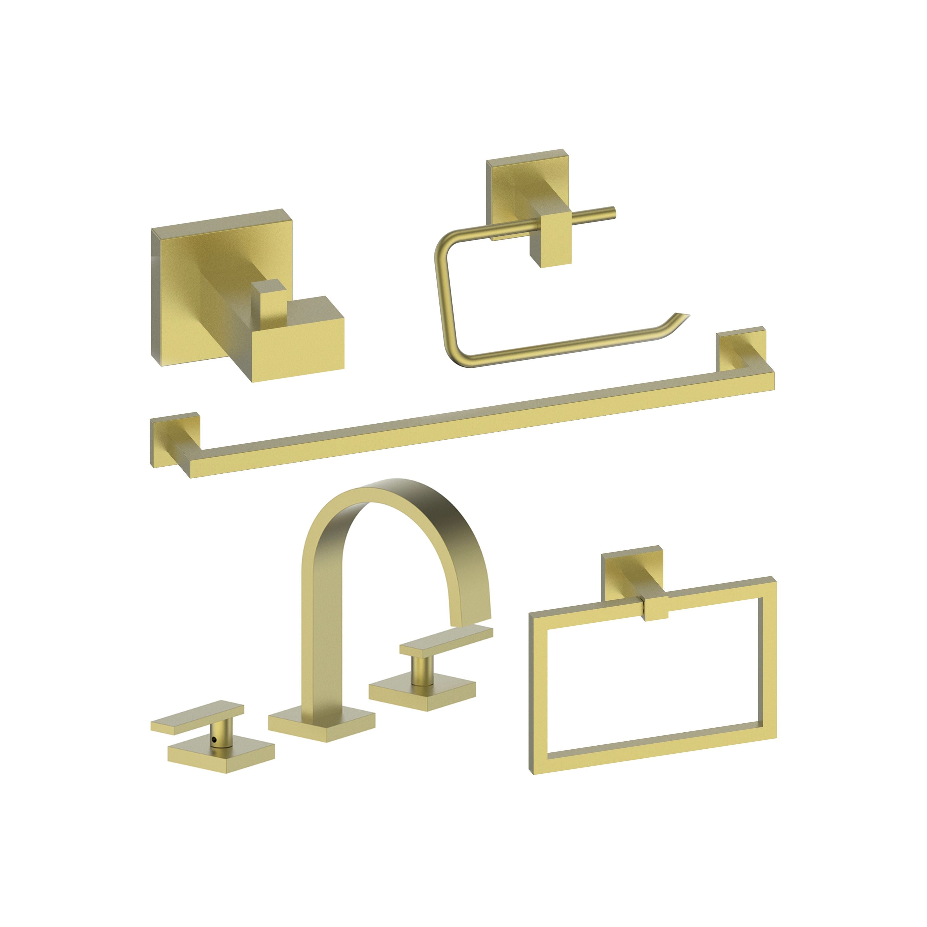 Champagne bronze bathroom accessory set with faucet, towel rail, hook, ring, and holder