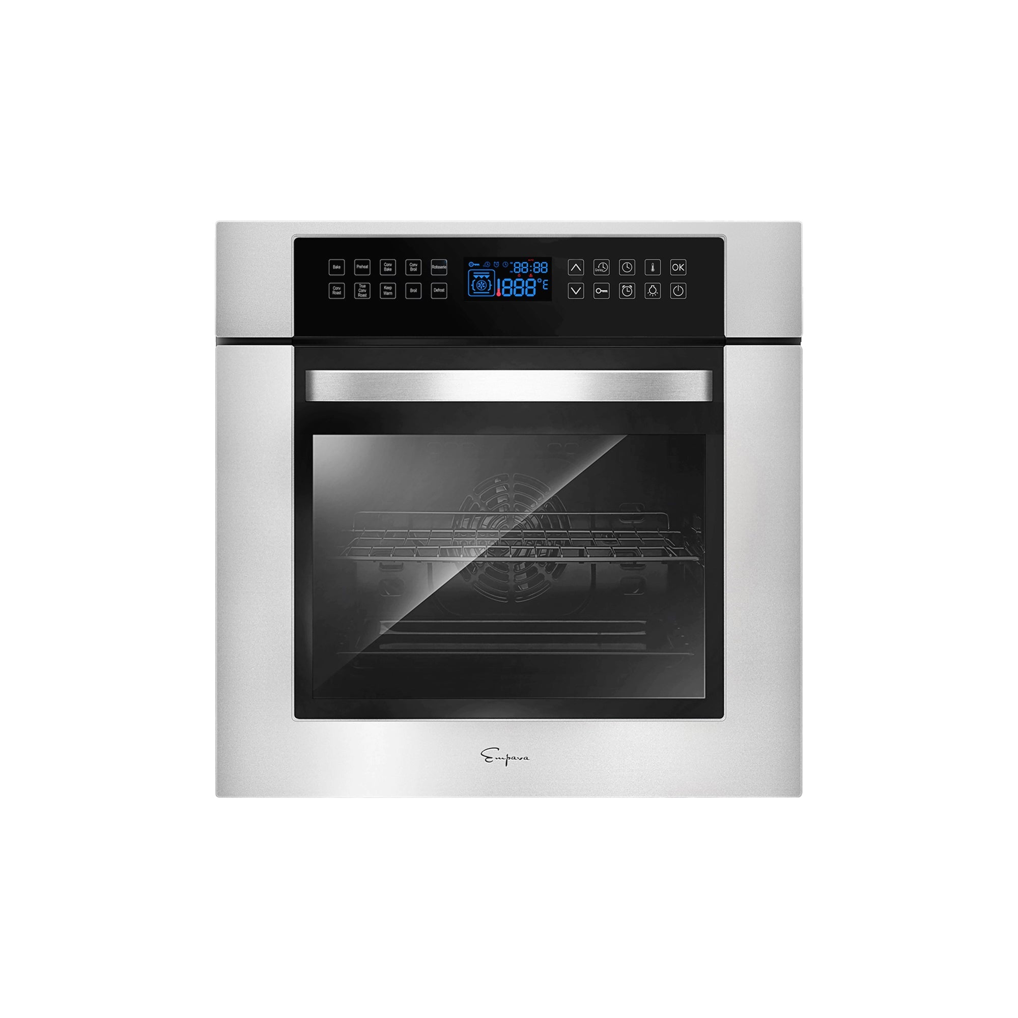 24-inch single electric wall oven, black glass door and touch control panel, stainless steel.